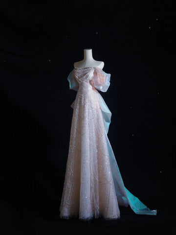 A line Off The Shoulder Pink Sequin Long Prom Dresses Evening Gowns SD2335